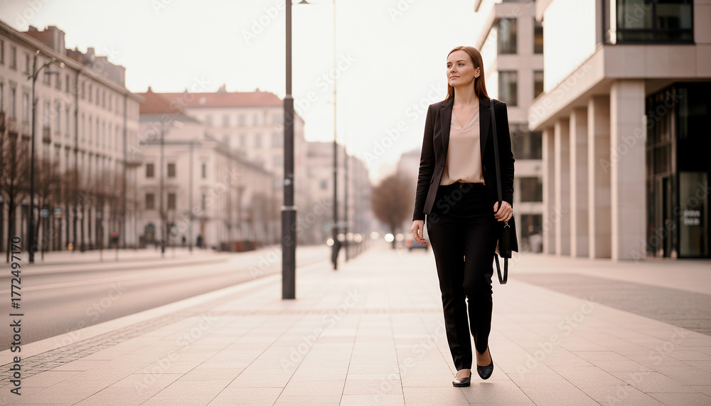 Fototapeta premium Confident businesswoman walking through modern city street on her way to office during morning commute