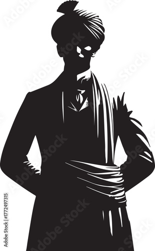 A man in traditional 1800s Indian fashion. He is silhouetted, wearing a suit and turban.