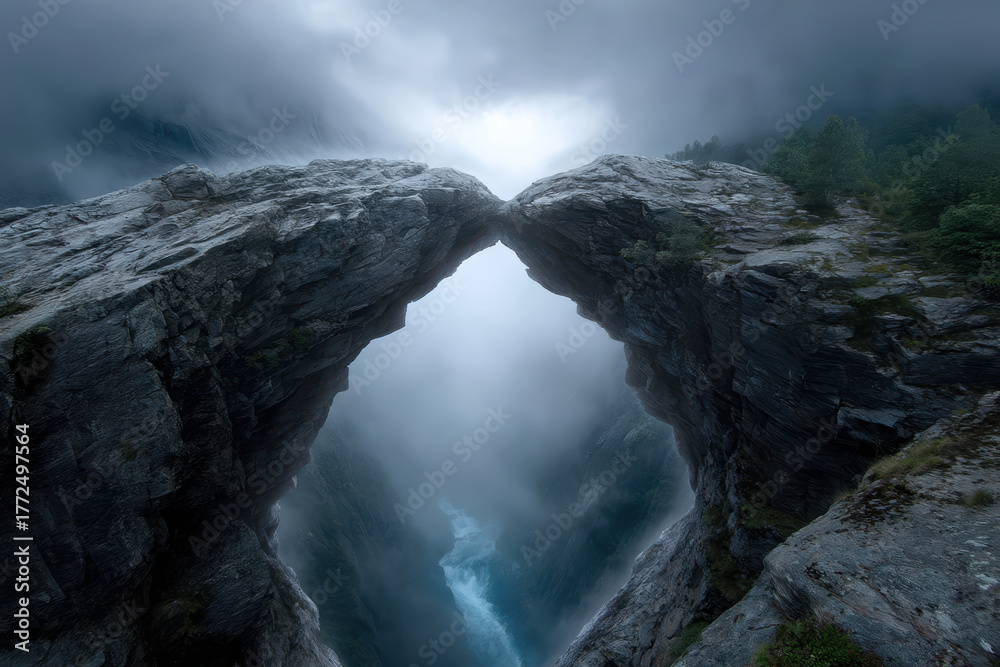 Fototapeta premium Stunning stone archway above misty valley in Norway during twilight hours