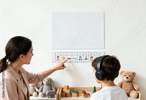 Therapist points to visual schedule while autistic boy with headphones follows along in calm sensory-friendly playroom