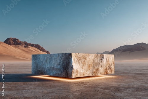 Large Product Ad Podium Monolithic stone podium in a desert photoshoot sunset glow vast dunes behind empty space for a bold product