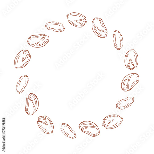 Circular frame with pistachio nut and kernel isolated on a white background in line art style. Organic food, healthy eating and natural snacks for package and flyer.