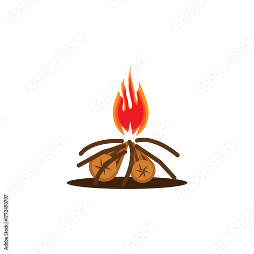 Bonfire burning on firewood in the camp, camping and hiking outdoor tourism related icon.