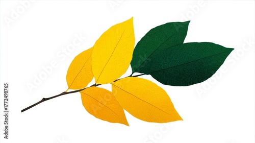 A stylized depiction of a plant shows six leaves with green and yellow variegation radiating outward from a central point