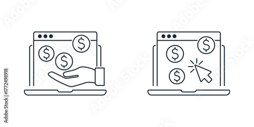  Website and content monetization. Earning money on the Internet.Vector linear icon illustration isolated on white background.