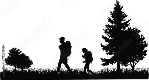 Father and son hiking silhouette, outdoor adventure walk in nature, family travel concept under trees, black vector illustration, wilderness exploration design art