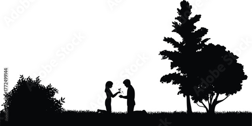 Romantic couple proposal silhouette, man giving flower to woman, love moment under tree, park romance scene, black vector illustration, relationship concept art