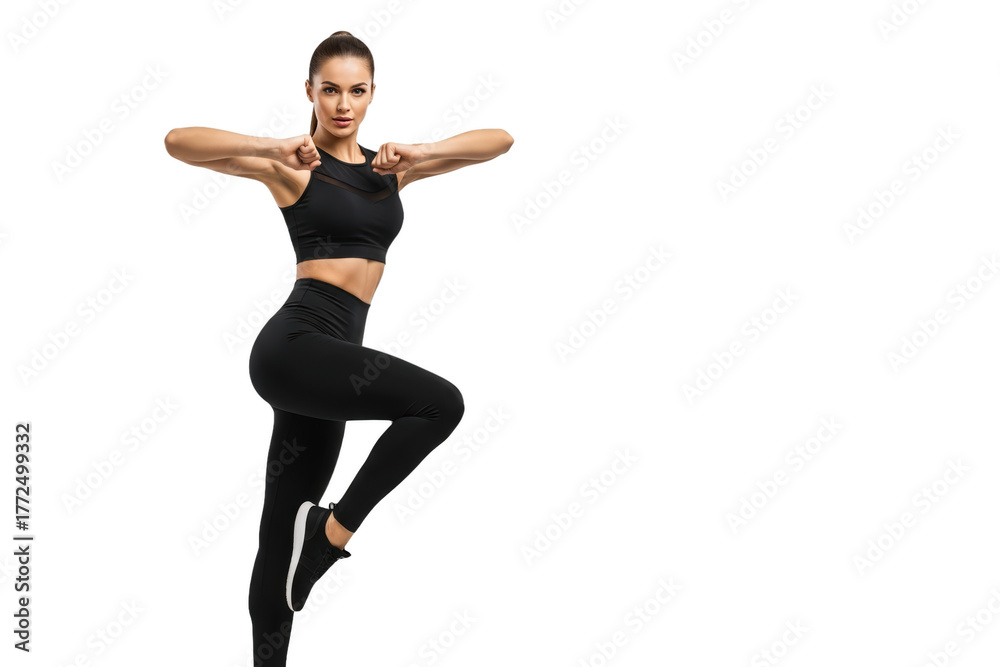 Obraz premium A woman in a black sports bra and leggings striking a pose with her fists raised, against transparent background