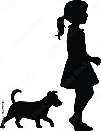 Little girl walking with dog silhouette, child and pet friendship, outdoor companion scene, black vector art, playful moment, simple design illustration