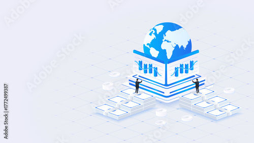 Isometric Global Business Data Analysis Illustration with Businessmen, Digital Earth, and Financial Charts Representing Global Economy and Analytics in Blue Futuristic Style