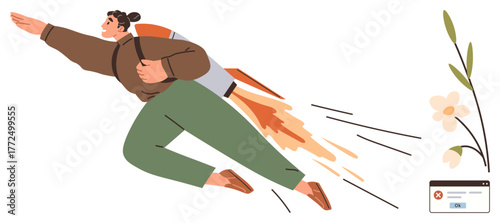 Person uses rocket backpack to soar forward, symbolizing determination and progress. Ideal for motivation, ambition, achievement, overcoming obstacles, innovation, personal growth leadership. Simple