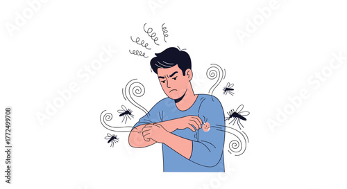 An annoyed man scratches itchy mosquito bites on his arm while several buzzing mosquitoes fly around him, depicting insect nuisance.