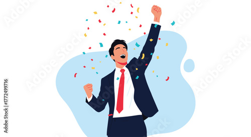 A successful businessman in a suit celebrates a significant achievement with arms raised and confetti falling, expressing joy and triumph.