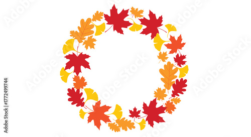 Colorful autumn leaf wreath featuring maple, oak, and ginkgo leaves in vibrant red, orange, and yellow hues, isolated on a white background.