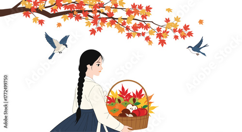 A young woman in a traditional Korean Hanbok carries a basket of autumn fruits and colorful maple leaves, with birds flying under a vibrant fall tree.