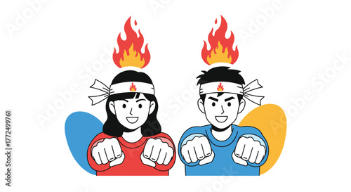 Two determined young people with flames above their heads and on their headbands, fists forward, embodying a spirit of challenge and readiness.