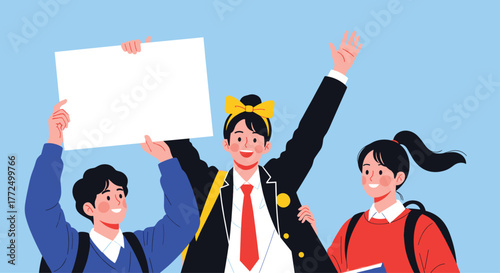 Happy and excited students, one holding a blank sign for a message, celebrating success and future aspirations together.