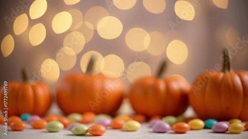 soft bokeh light background with pumpkins and candy