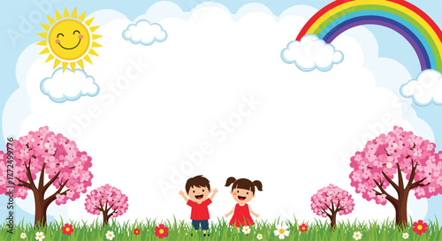 Joyful children playing in a vibrant spring meadow, surrounded by cherry blossom trees, a smiling sun, and a rainbow.