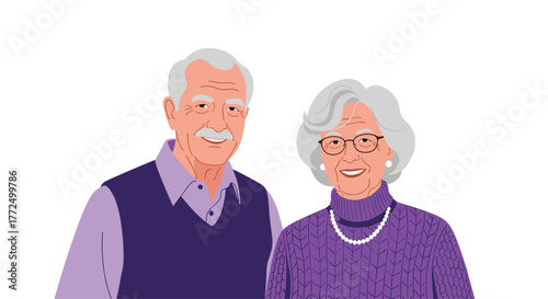 Portrait of a happy senior couple, a man and a woman with grey hair, smiling brightly and looking at the viewer.
