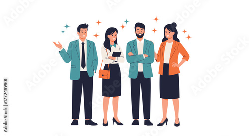 A diverse group of smiling business professionals, two men and two women, stand together in modern business attire, representing teamwork and success.