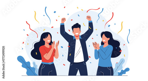 Happy young man celebrating success with two women clapping and confetti falling around them, symbolizing achievement and triumph.