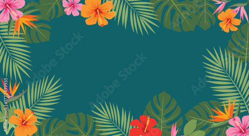 Vibrant tropical flowers and lush green leaves creating a beautiful frame on a deep teal background, perfect for summer designs and exotic themes.