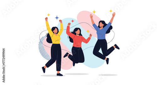 Three cheerful women jumping with raised arms, expressing joy, celebration, or triumph with abstract background elements.