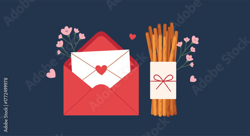 A romantic illustration with an open red envelope containing a heart-sealed letter, delicate pink flowers, and a thoughtful gift bundle of snack sticks.