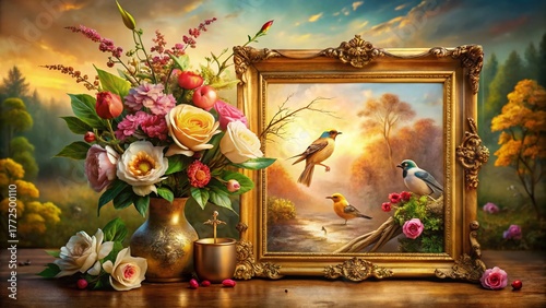 Double Exposure: Rustic Gold Framed Oil Painting of Birds & Flowers