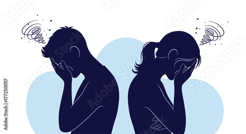 Silhouette of a man and woman with heads in hands, backs turned, symbolizing relationship problems and emotional distress.