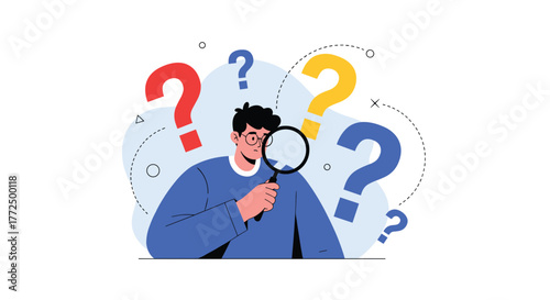 A curious man with a magnifying glass searches for answers amidst floating question marks, representing inquiry, research, and problem-solving.