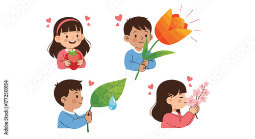 Happy children joyfully interacting with and appreciating various natural elements like fruits, flowers, and water, showing environmental love.
