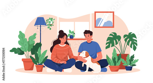 A happy couple relaxes at home with their beloved pet dog, surrounded by vibrant green houseplants in a cozy and tranquil indoor setting.