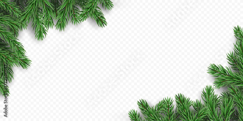 Vector frame with pine tree branches and shadows, isolated on a transparent background. Holiday border fir tree branch for winter banner, poster, greeting card.
