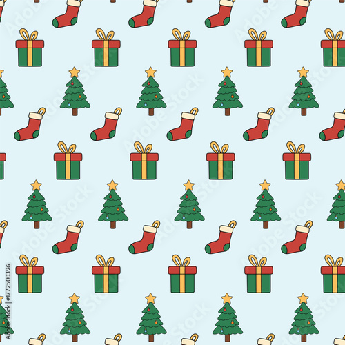 Christmas Socks, Christmas Tree, Gift Box Sealmess Pattern. Christmas Element Pattern. Christmas Seamsless Pattern for Decoration, Background, Wrapping Paper for Gift Box.