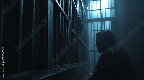 A solitary figure in a prison cell, contemplating their predicament. The bars cast long shadows, heightening the sense of confinement