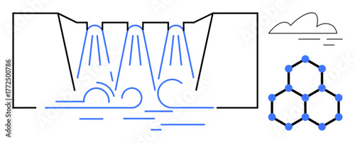 Dam releasing water streams into a river with molecular structure and cloud accent. Ideal for energy, innovation, science, water management, sustainability, chemistry, simplicity. A simple flat