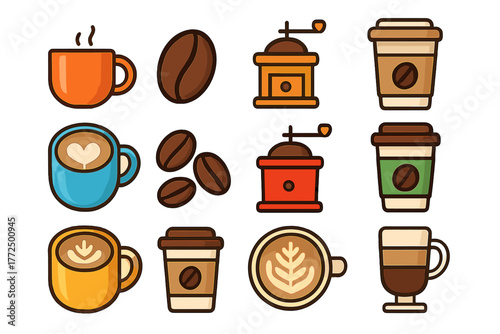Colorful collection of coffee cups, roasted beans, and manual grinders in simple icon style