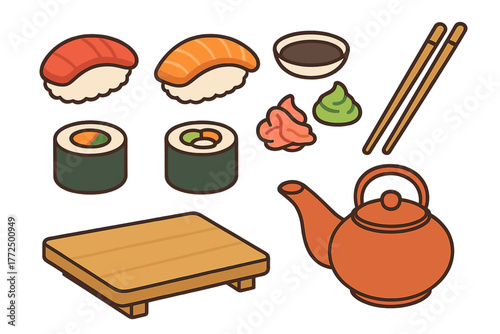 Japanese sushi food collection with dining accessories like chopsticks and teapot