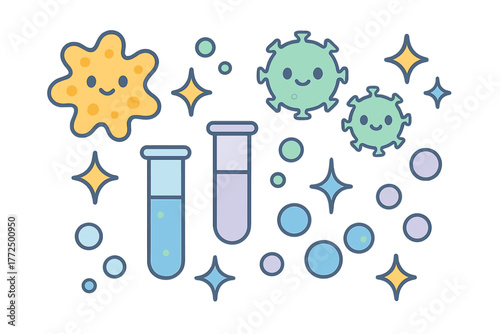 Cute cartoon microbes and test tubes for science, research, and laboratory experiments