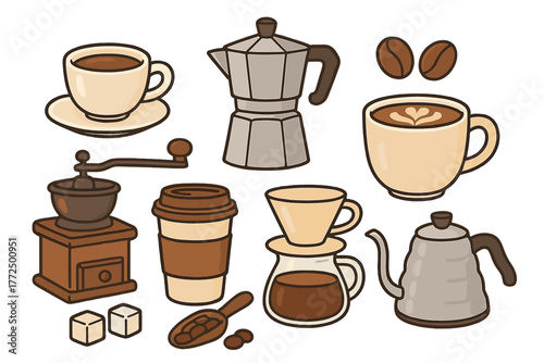 Collection of coffee making tools, accessories, cups, grinder, moka pot, and kettle