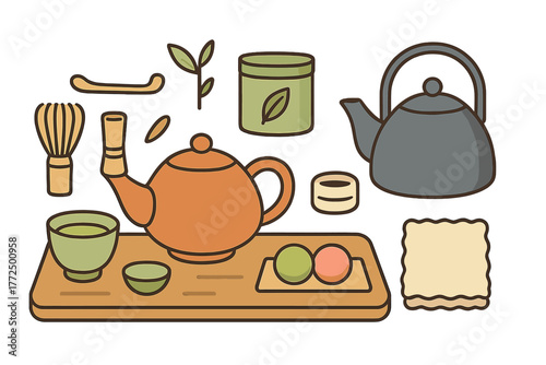Traditional Japanese tea ceremony set with teapot, bamboo whisk, cups, and matcha powder container