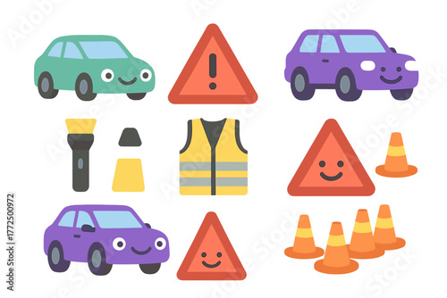 Cute cartoon cars, road safety equipment, and warning signs for driving education