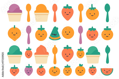 Cute smiling fruits, ice cream cups, and colorful spoons on a white background