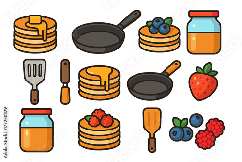 Delicious breakfast elements set featuring stacks of pancakes, fresh berries, cooking utensils, and sweet syrup