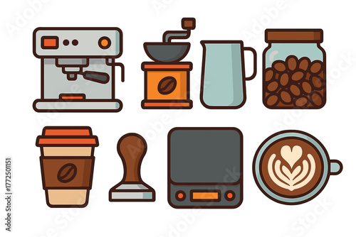 Professional barista equipment set including espresso machine grinder tamper and latte art cup