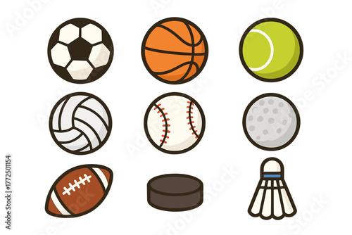 Collection of popular athletic equipment including soccer, basketball, tennis, and baseball