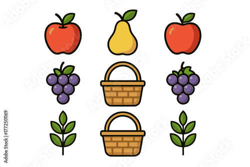 Colorful collection of fresh fruits leaves and picnic baskets arranged in a grid pattern