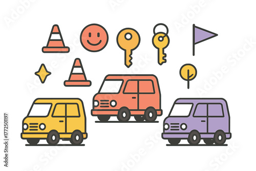 Colorful transportation and navigation graphics featuring cars traffic cones keys and flag